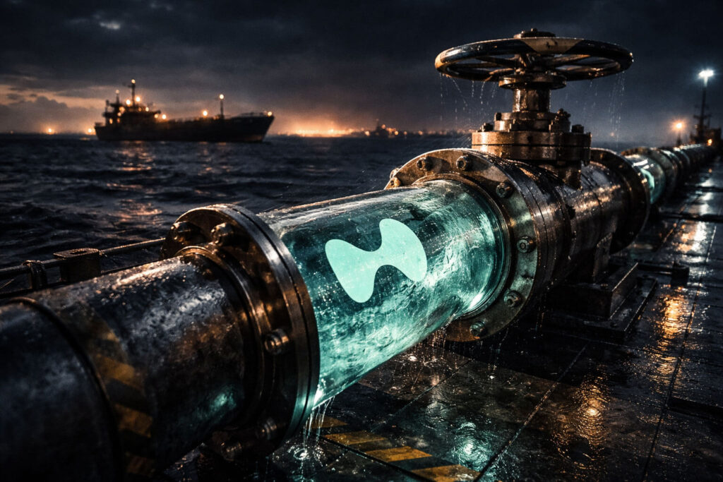 Glowing Hyperliquid pipeline valve releasing liquidity into the market at sea, symbolizing traders shifting to on-chain derivatives as geopolitical tensions drive HYPE into the top 10