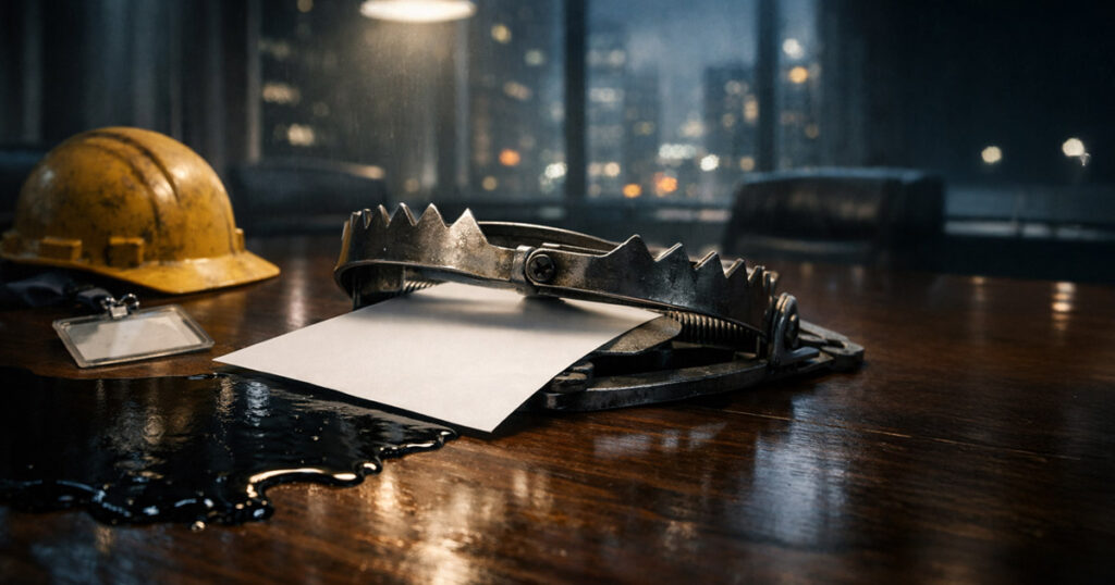 The latest US inflation report looked like good news — next week may change that Bear trap snapping shut on a blank report beside spilled oil and a construction helmet on a boardroom table, symbolizing the Federal Reserve’s policy dilemma as soft CPI, weak jobs data, and rising oil prices collide