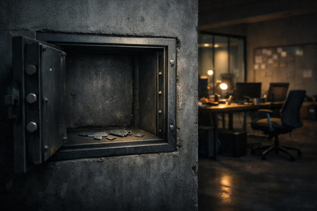 Why crypto hacks don’t end and continue even when the money is gone Open empty safe with scattered fragments in a dim office, symbolizing the lasting impact of crypto hacks even after funds are gone