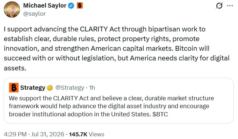 Saylor and Strategy Officially Back CLARITY Act for US Crypto Saylor and Strategy Officially Back CLARITY Act for US Crypto