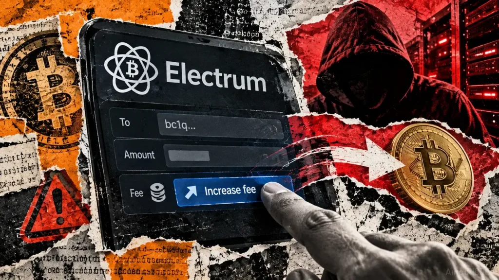 Hackers found a way to steal Bitcoin without private keys Editorial collage showing a hand increasing an Electrum wallet transaction fee as Bitcoin is redirected toward a hooded attacker and servers.