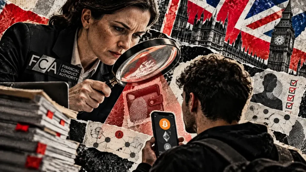 Personal-wallet checks: FCA proposes nonbinding guidance Editorial collage showing a female FCA inspector examining a man's crypto wallet, with fingerprint records and Westminster in the background.